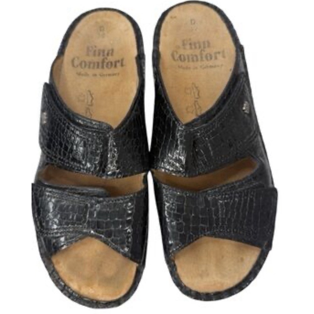 Finn Comfort Slide Sandals Black Women Size 40 Is 9-9.5 Leather Crocodile Print